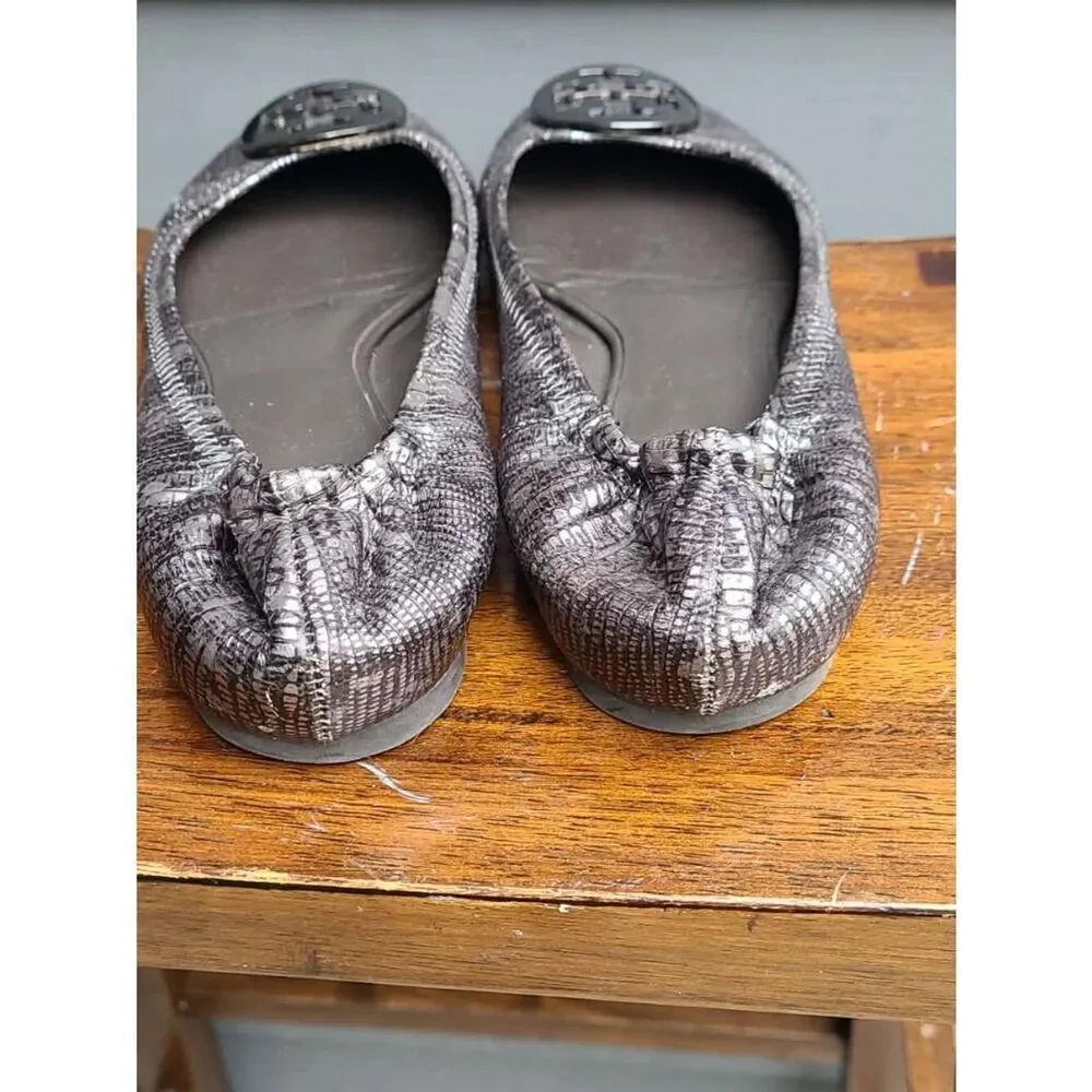 Tory Burch Reva Black Silver Snake Print Leather Ballet Flats size 8M